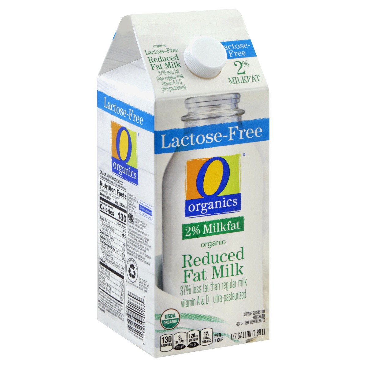 slide 1 of 4, O Organics Milk Reduced Fat 2% Lactose Free Uht, 1/2 gal