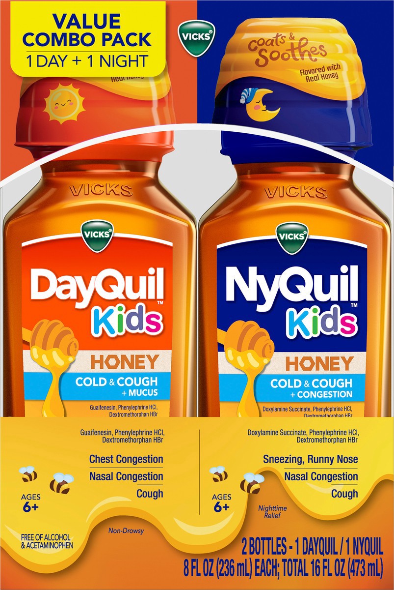slide 3 of 3, VICKS Kids DayQuil & NyQuil Honey Cold & Cough + Congestion Relief Co-Pack for Nighttime & Daytime Cough & Congestion, Flavored with Real Honey, For Children Ages 6+, 2 - 8 OZ Bottles, 2 ct
