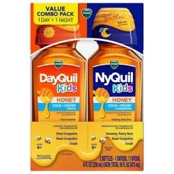 VICKS Kids DayQuil & NyQuil Honey Cold & Cough + Congestion Relief Co-Pack for Nighttime & Daytime Cough & Congestion, Flavored with Real Honey, For Children Ages 6+, 2 - 8 OZ Bottles
