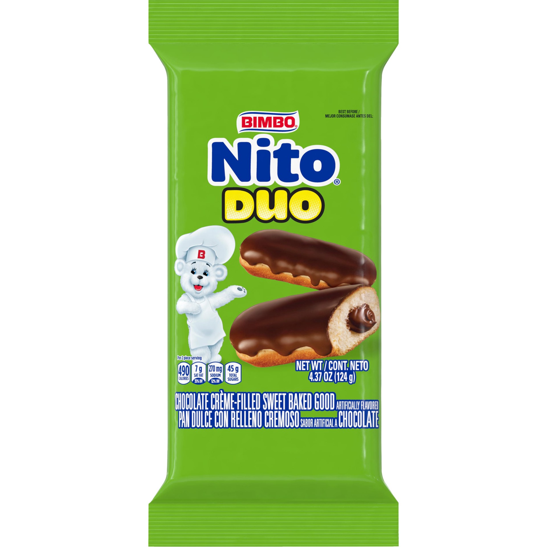 slide 1 of 11, Bimbo Nito Duo Chocolate Crème Filled Sweet Baked Good, 2 count, Eclairs, 4.37 oz Pouch, 2 ct