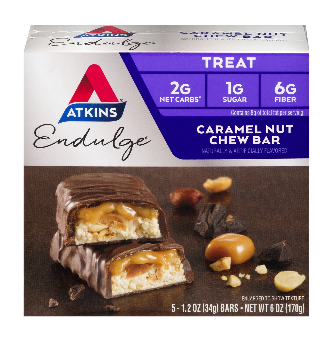 slide 1 of 9, Atkins Caramel Nut Endulge Treat Bar 5Ct, 6 oz
