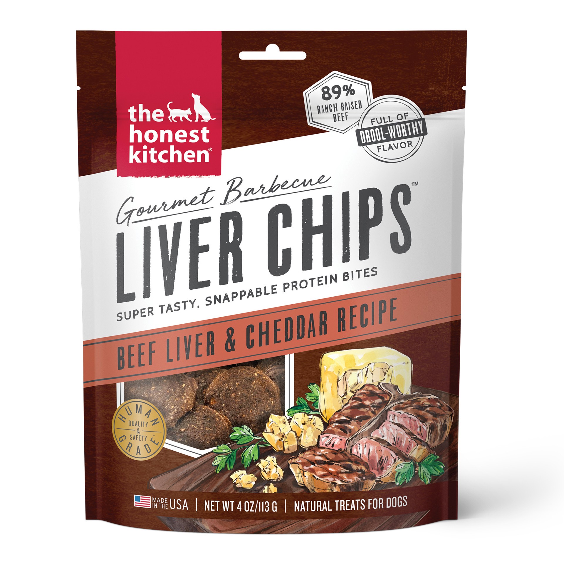 slide 1 of 4, The Honest Kitchen Gourmet Barbecue Liver Chips Gourmet Barbecue Liver Chips: Beef Liver & Cheddar Recipe, 4 oz Bag, 4 oz