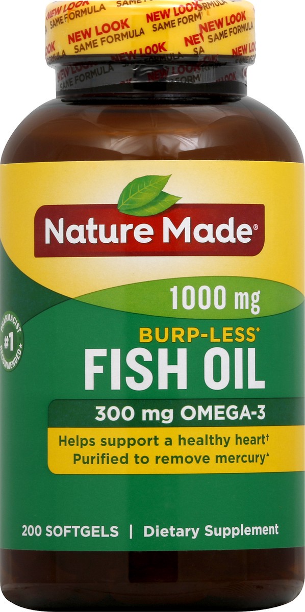 slide 5 of 7, Nature Made Burp Less Fish Oil 1000 mg Softgels, Fish Oil Supplements, Omega 3 Fish Oil for Healthy Heart Support, Omega 3 Supplement with 200 Softgels, 100 Day Supply, 200 ct