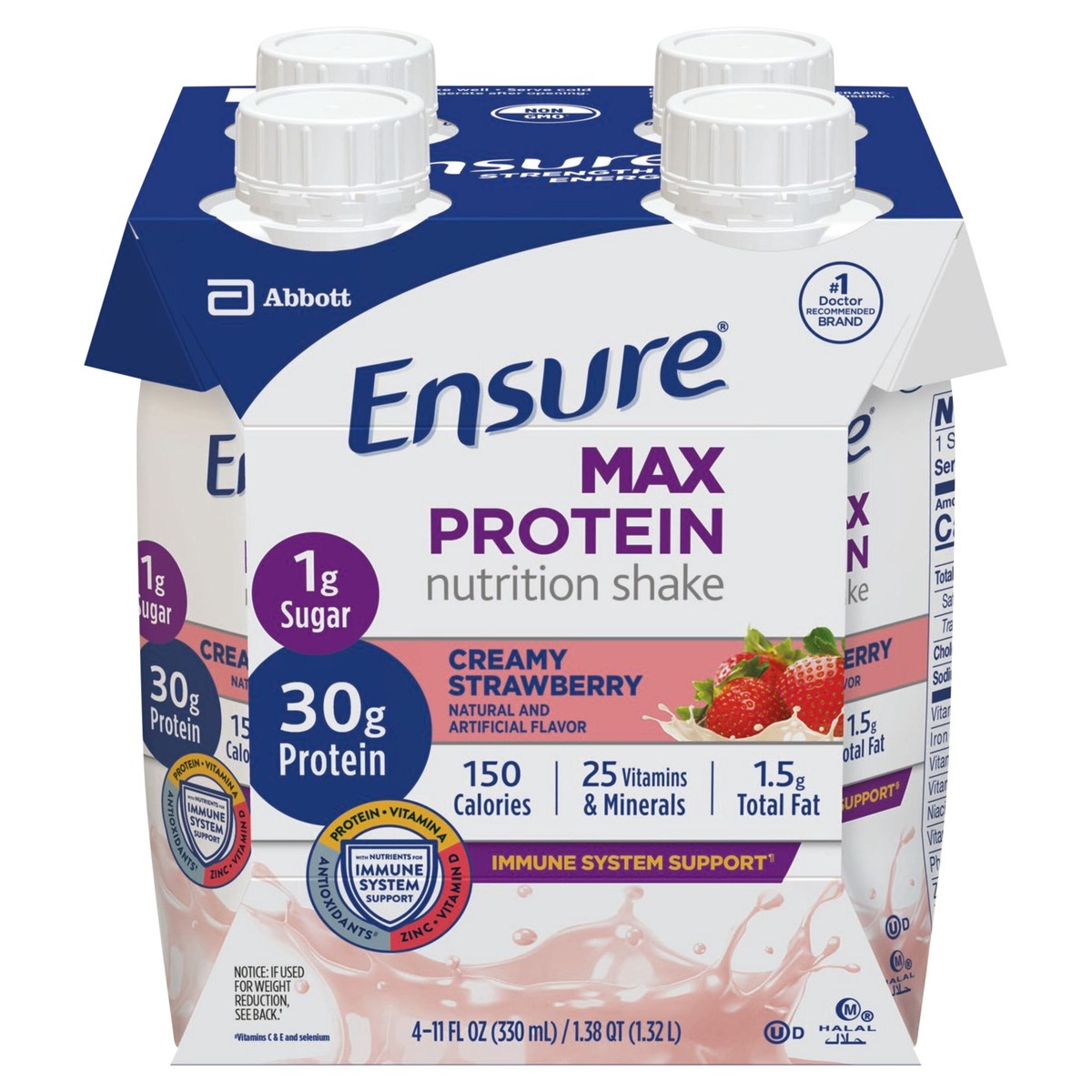 slide 1 of 1, Ensure Max Protein Nutrition Shake Creamy Strawberry Ready to Drink Bottles, 4 ct; 11 fl oz