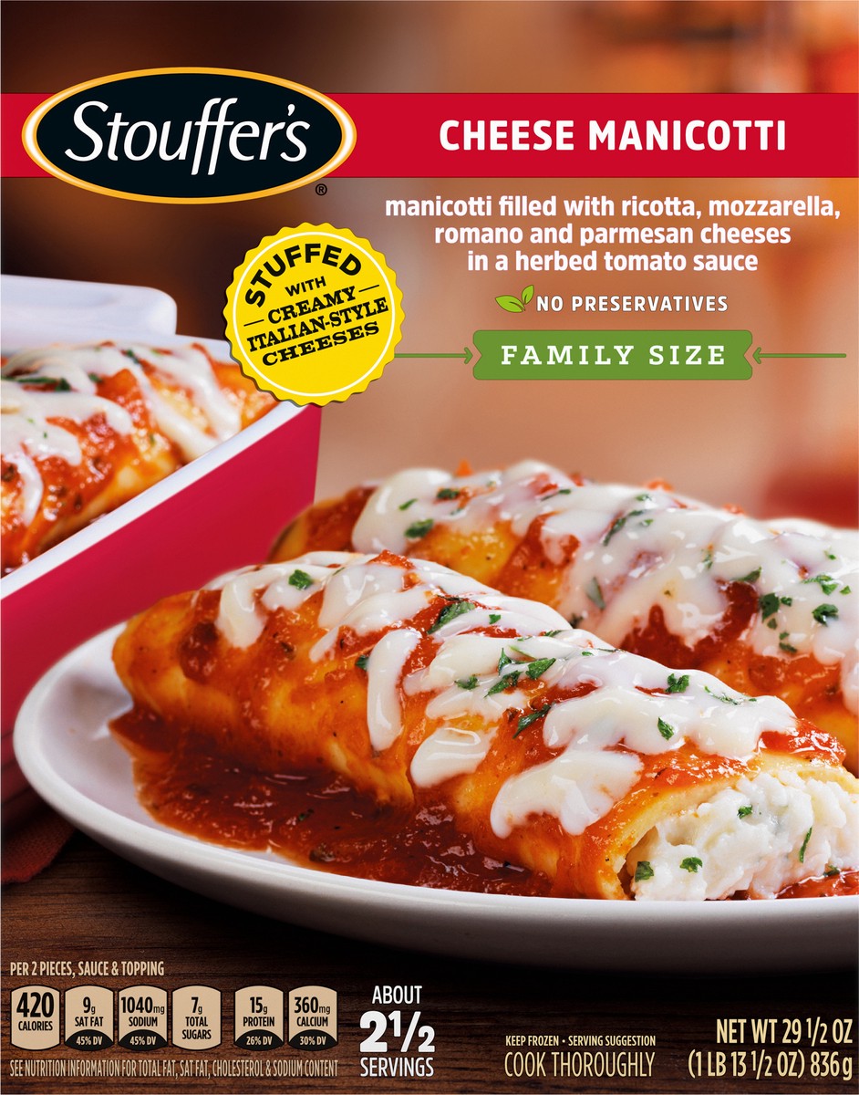 slide 2 of 14, Stouffer's Family Size Cheese Manicotti Frozen Meal, 29.5 oz