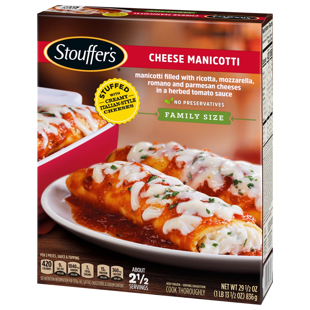 slide 3 of 14, Stouffer's Family Size Cheese Manicotti Frozen Meal, 29.5 oz