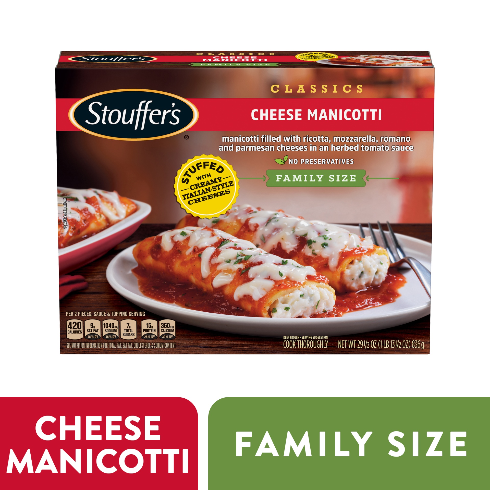 slide 1 of 2, Stouffer's Family Size Cheese Manicotti, 29.5 oz