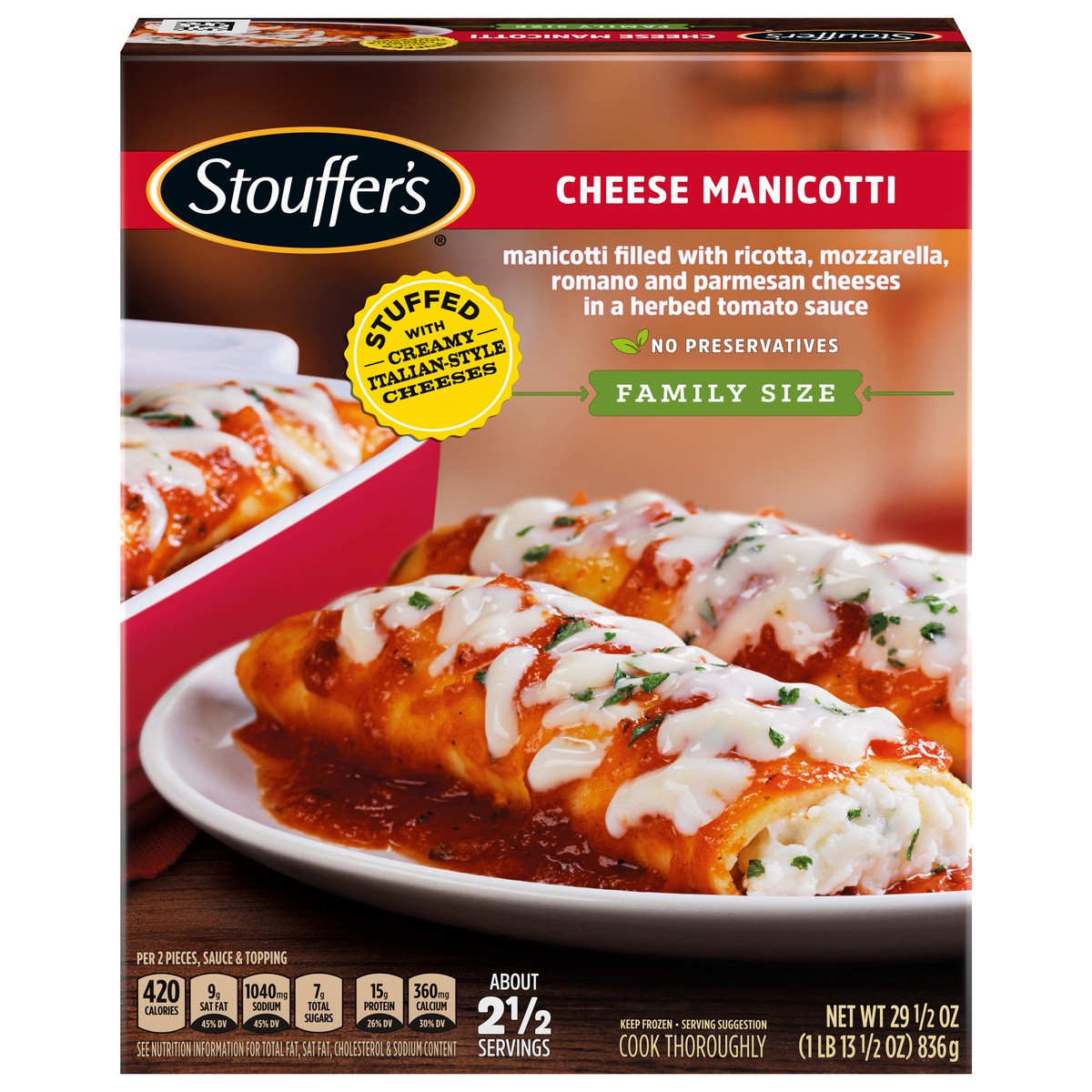 slide 7 of 14, Stouffer's Family Size Cheese Manicotti Frozen Meal, 29.5 oz