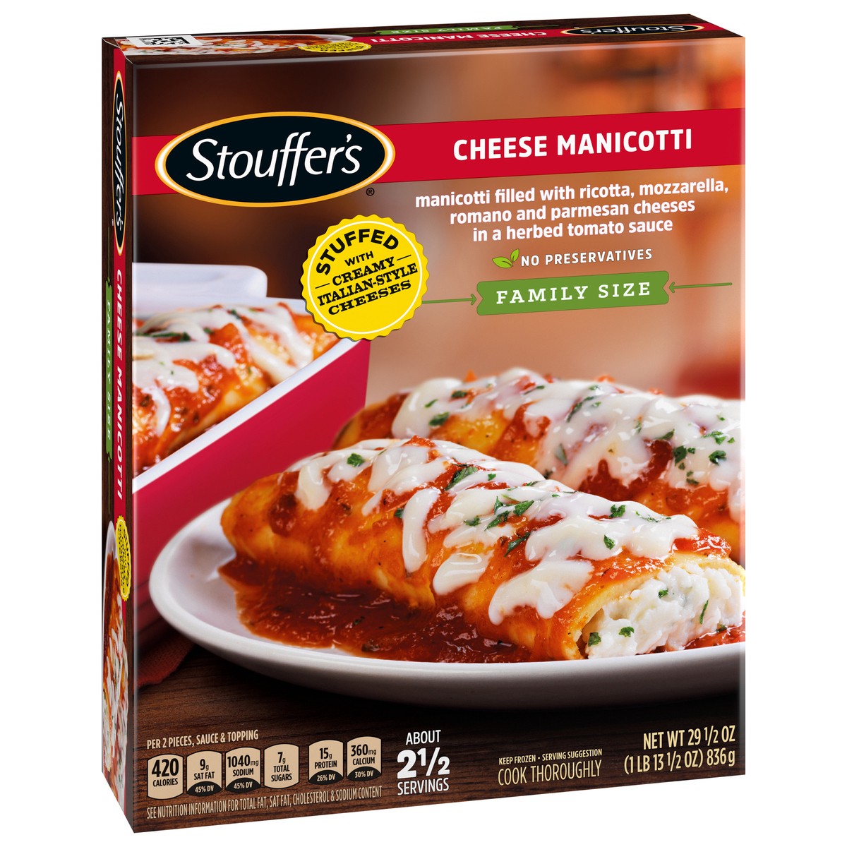 slide 10 of 14, Stouffer's Family Size Cheese Manicotti Frozen Meal, 29.5 oz