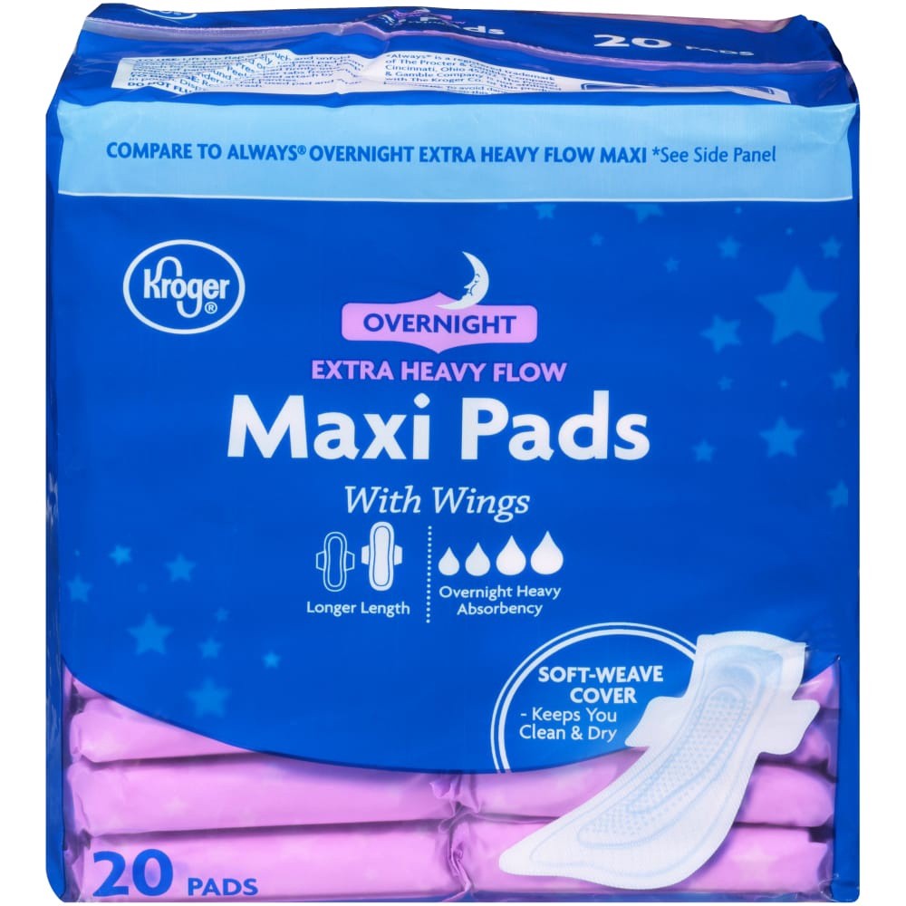 slide 1 of 1, Kroger Heavy Flow Overnight Maxiwings Pads, 20 ct