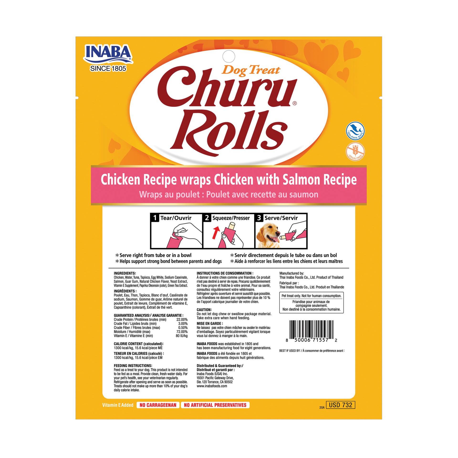 slide 4 of 6, Inaba Churu Rolls for Dogs, Soft & Chewy Baked Chicken Wrapped Churu Filled Dog Treats with Vitamin E, 0.42 Ounce Sticks, 8 Sticks, Chicken with Salmon Recipe, 8 ct