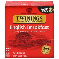 Twinings of London English Breakfast Tea Flavourful Caffeinated for Energy Pure Black Tea Bags, Hot or Iced- 50 ct; 3.53 oz