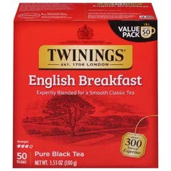 Twinings of London English Breakfast Tea Flavourful Caffeinated for Energy Pure Black Tea Bags, Hot or Iced- 50 ct; 3.53 oz