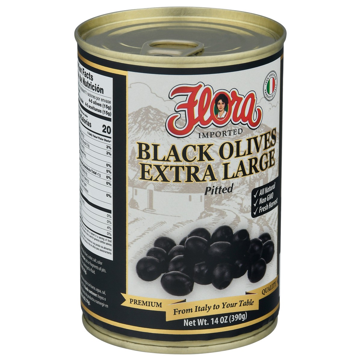 slide 2 of 9, Flora Fine Foods Large Black Pitted Olives, 14 oz