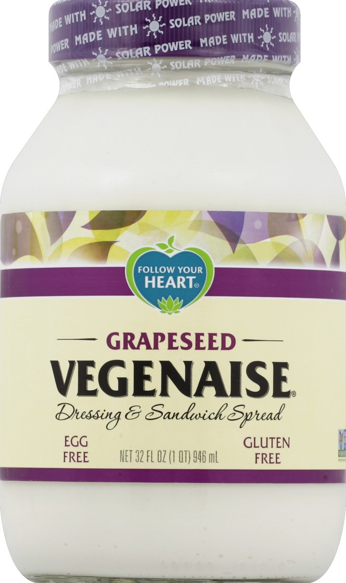 slide 3 of 3, Follow Your Heart Vegenaise Dressing and Sandwich Spread, Grapeseed Oil, Dairy Free, Egg Free Mayo, Sandwich Spread for a Creamy, Tasty Vegan Condiment, 32 FL OZ Jar, 32 oz