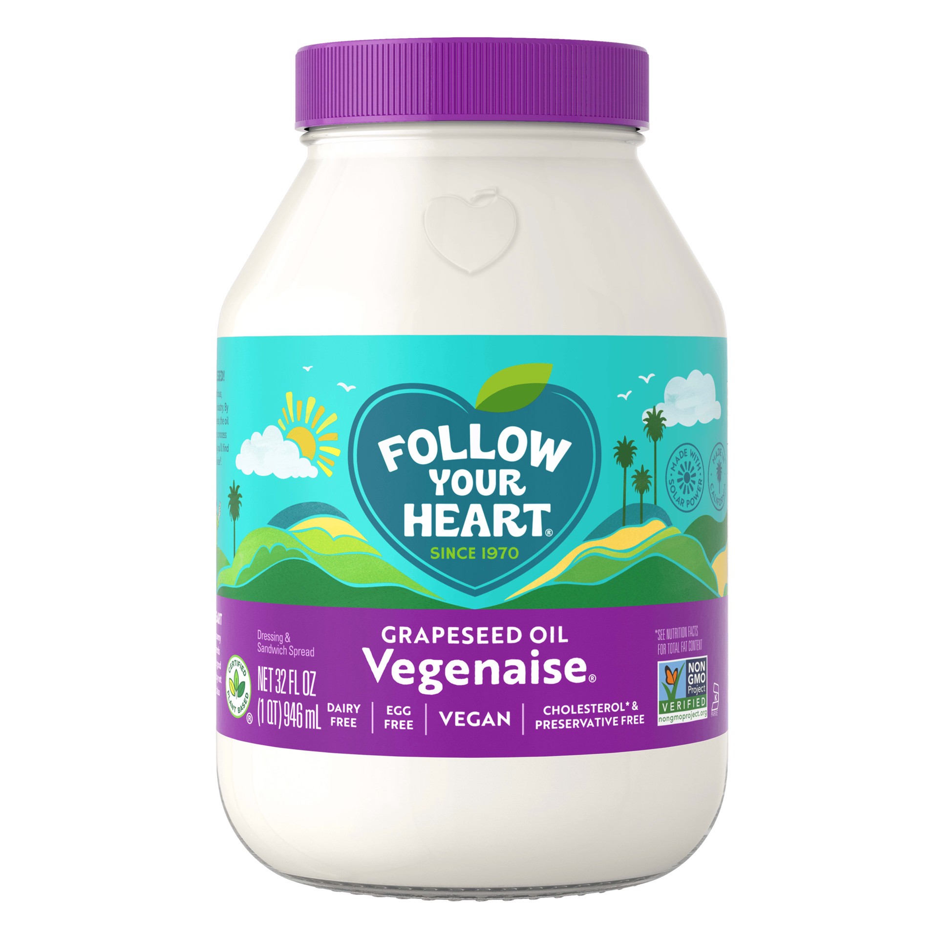 slide 1 of 3, Follow Your Heart Vegenaise Dressing and Sandwich Spread, Grapeseed Oil, Dairy Free, Egg Free Mayo, Sandwich Spread for a Creamy, Tasty Vegan Condiment, 32 FL OZ Jar, 32 oz