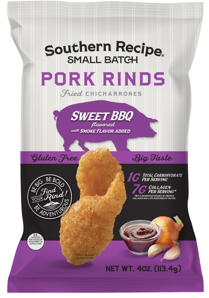 slide 1 of 1, Southern Recipe Small Batch Sweet BBQ Pork Rinds with Smoke Flavor Added 4 oz, 4 oz