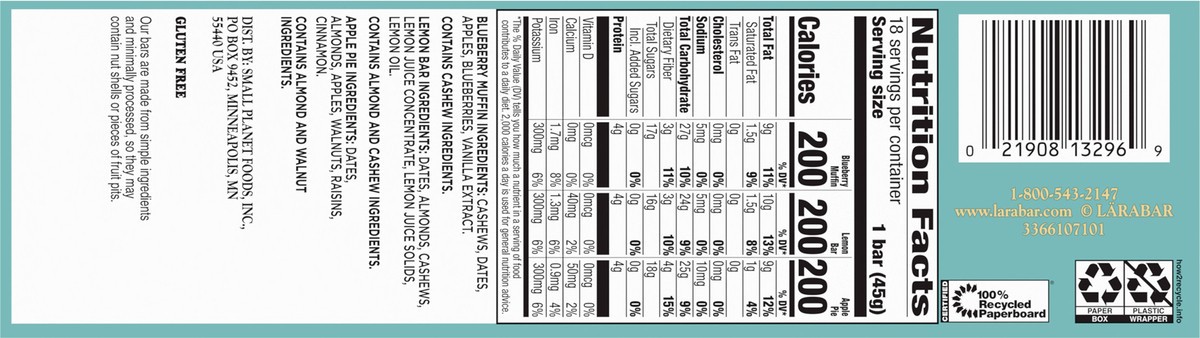 slide 5 of 9, LÄRABAR Variety Pack, Blueberry Muffin, Lemon Bar, Apple Pie, Fruit & Nut Bars, 18 ct, 18 ct; 28.8 oz