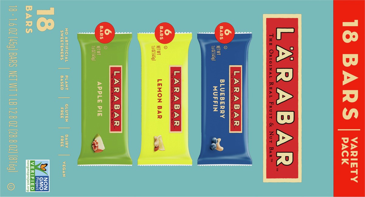 slide 8 of 9, LÄRABAR Variety Pack, Blueberry Muffin, Lemon Bar, Apple Pie, Fruit & Nut Bars, 18 ct, 18 ct; 28.8 oz