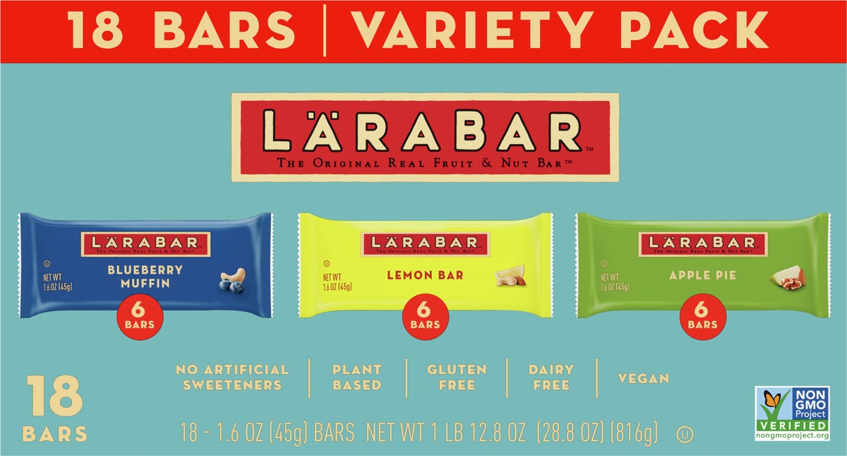 slide 6 of 9, LÄRABAR Variety Pack, Blueberry Muffin, Lemon Bar, Apple Pie, Fruit & Nut Bars, 18 ct, 18 ct; 28.8 oz