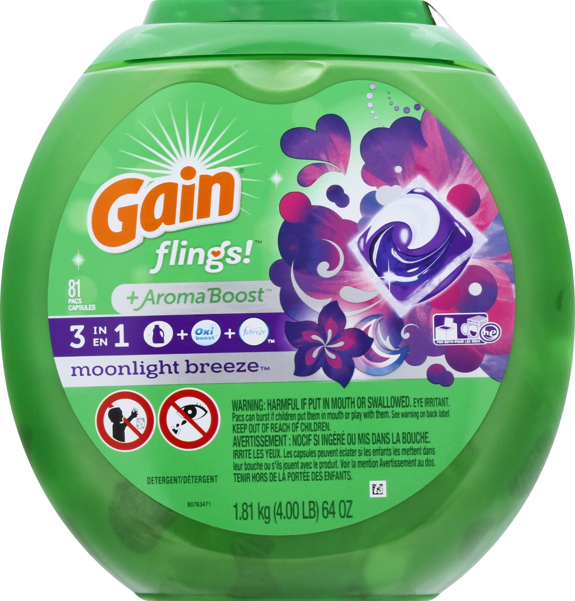 slide 1 of 9, Gain Flings +Aroma Boost 3 in 1 Moonlight Breeze Detergent 81 ea, 81 ct