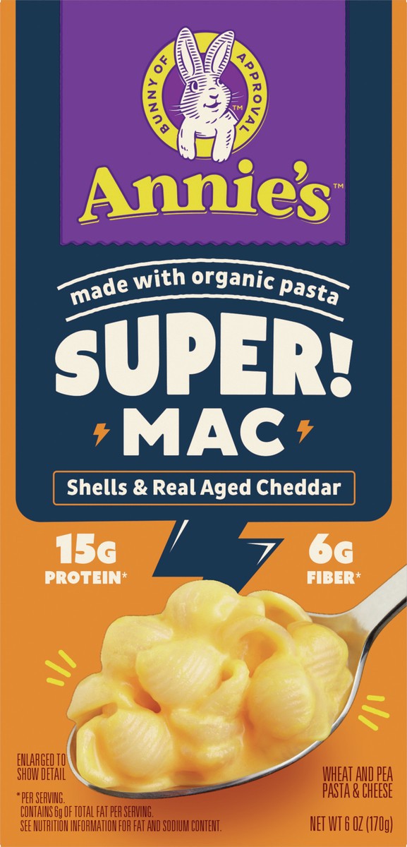 slide 8 of 14, Annie's Super! Mac, Macaroni And Cheese, Shells and Real Aged Cheddar, Made with Organic Pasta, 6 oz, 6 oz