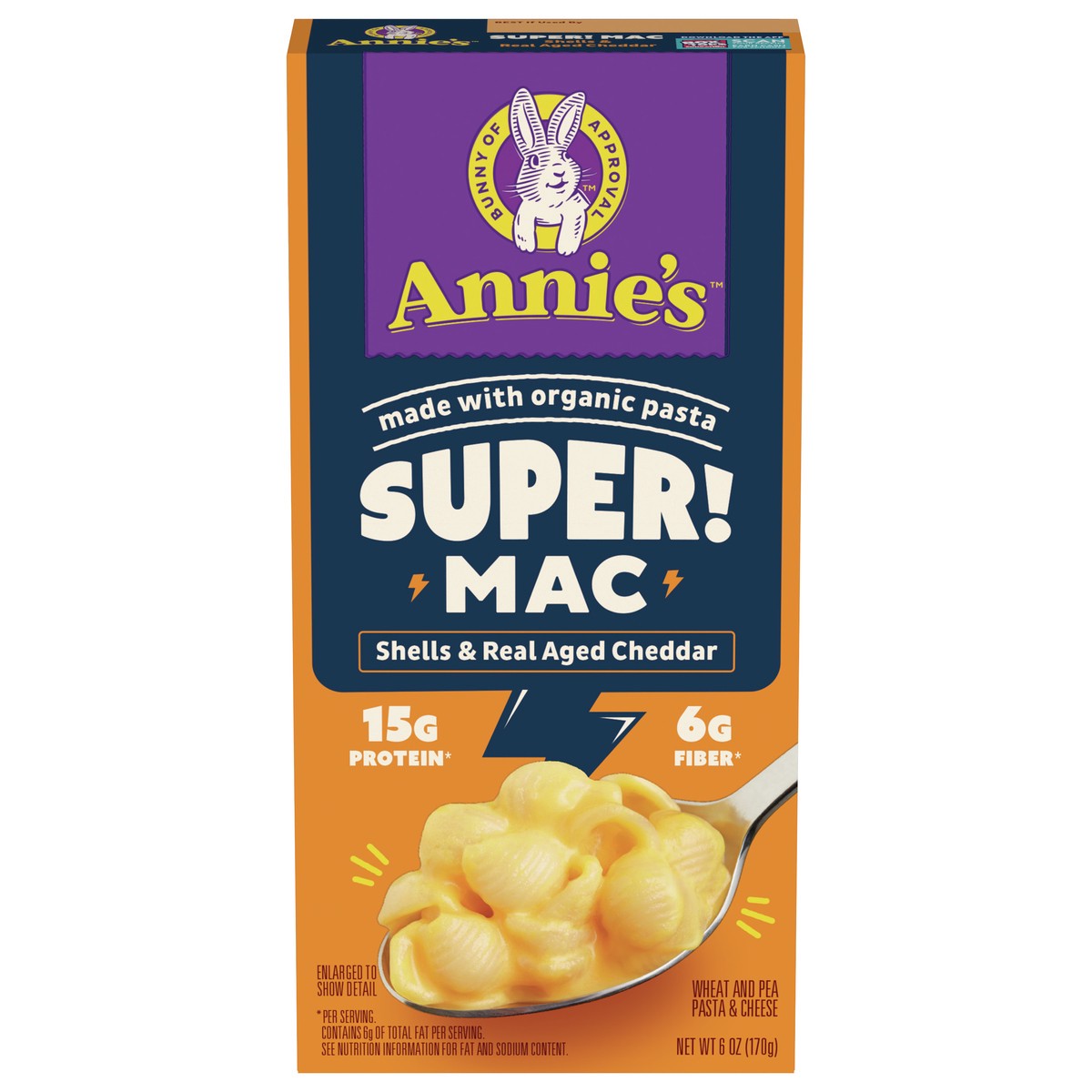 slide 12 of 14, Annie's Super! Mac, Macaroni And Cheese, Shells and Real Aged Cheddar, Made with Organic Pasta, 6 oz, 6 oz