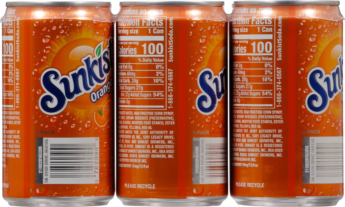 slide 4 of 9, Sunkist Orange Soda, 7.5 fl oz cans, 6 pack, 6 ct; 7.5 fl oz