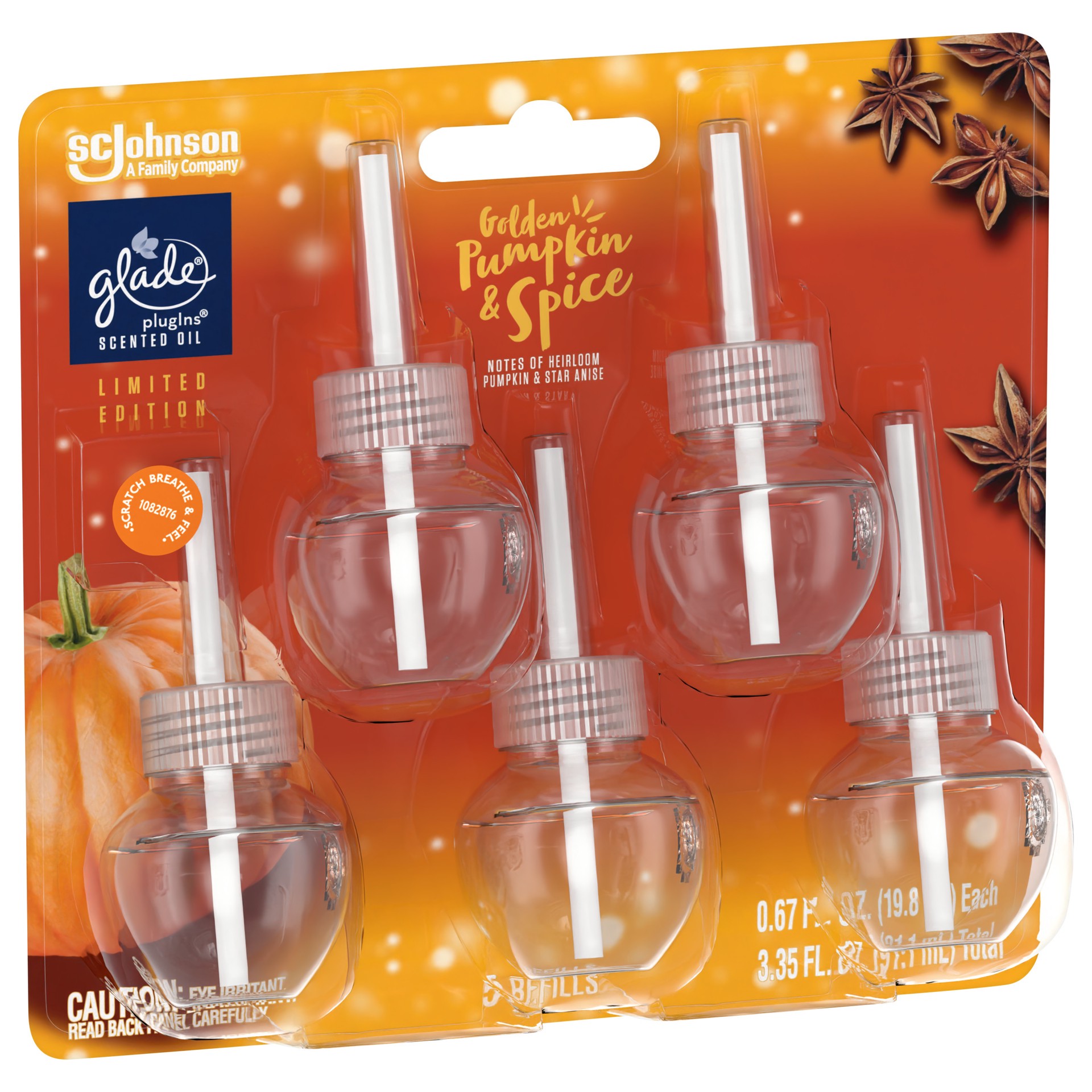 slide 5 of 5, Glade PlugIns Scented Oil, Air Freshener, 5 Refills, Golden Pumpkin & Spice, 0.67 oz Each, 3.35 oz Total, 5 ct