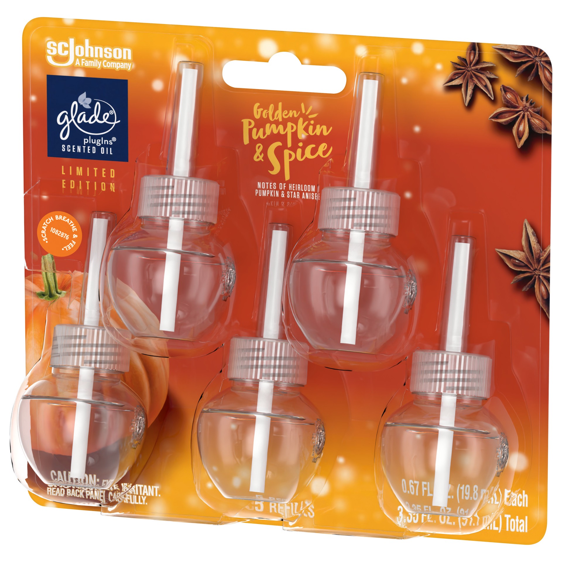 slide 2 of 5, Glade PlugIns Scented Oil, Air Freshener, 5 Refills, Golden Pumpkin & Spice, 0.67 oz Each, 3.35 oz Total, 5 ct