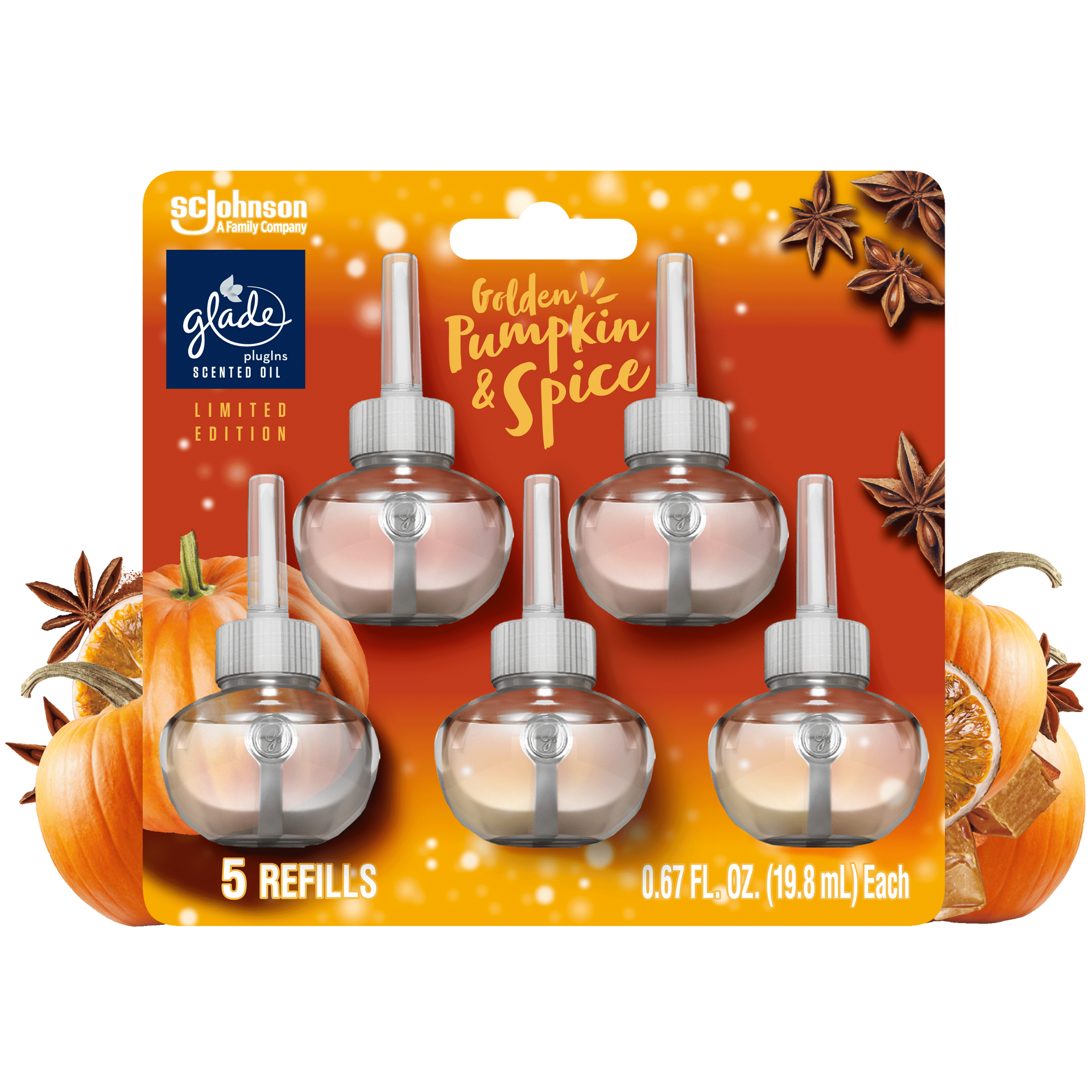 slide 3 of 5, Glade PlugIns Scented Oil, Air Freshener, 5 Refills, Golden Pumpkin & Spice, 0.67 oz Each, 3.35 oz Total, 5 ct