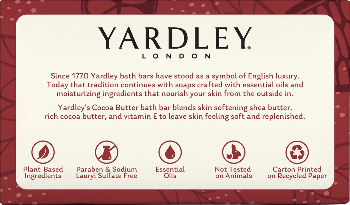slide 9 of 10, Yardley London Nourishing Bath Soap Bar Cocoa Butter, Helps Soften Dry Skin with Pure Cocoa Butter, Shea Butter & Vitamin E, 4.0 oz Bath Bar, 2 Soap Bars, 2 ct