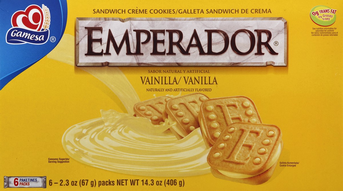 slide 4 of 4, Gamesa Emperador Sandwich Cookies Vanilla Naturally And Artificially Flavored 2.3 Oz 6 Count, 14 oz