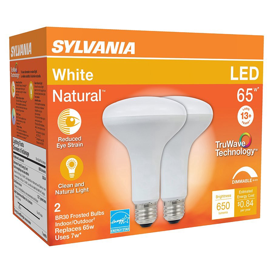 slide 1 of 1, Sylvania TruWave LED 65 Watt BR30 Frosted Natural White Light Bulbs, 2 ct