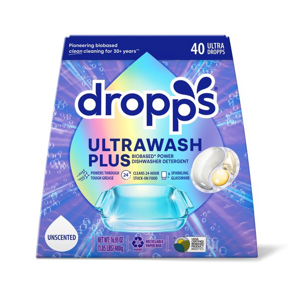 slide 1 of 1, Dropps, Ultrawash Plus Dishwsher Pods, Unscented, 40 ct