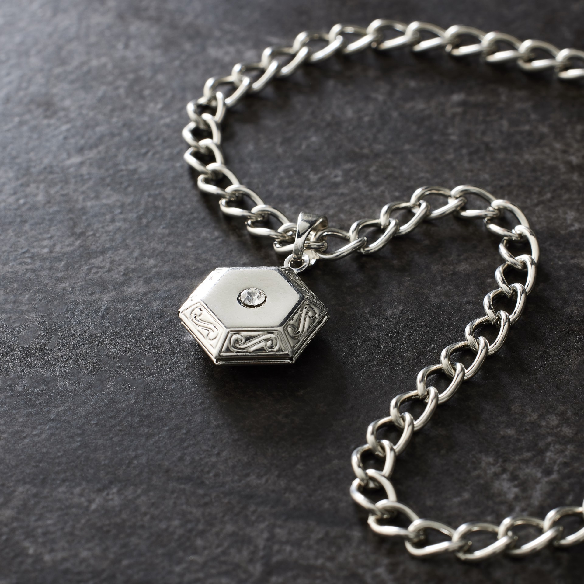 slide 3 of 3, Rhodium Etched Hexagon Locket By Bead Landing, 19mm x 18mm