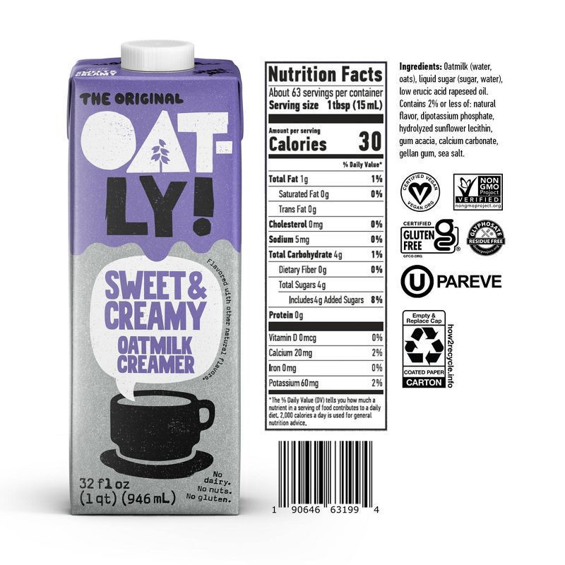 slide 2 of 2, Oatly Oatmilk Creamer Sweet & Creamy 32 oz, 32 fl oz