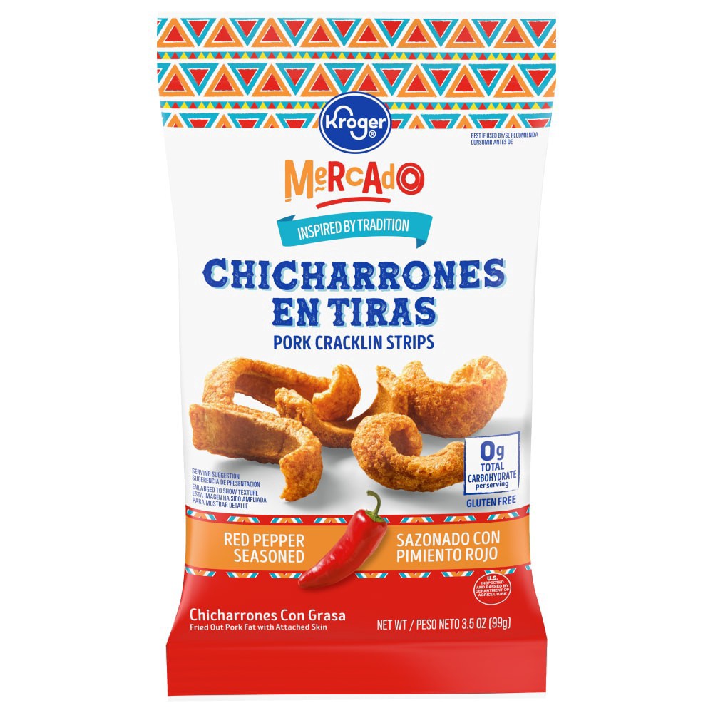 slide 1 of 6, Kroger Mercado Chicharrones En Tiras Red Pepper Pork Cracklin Strips, 3.5 oz