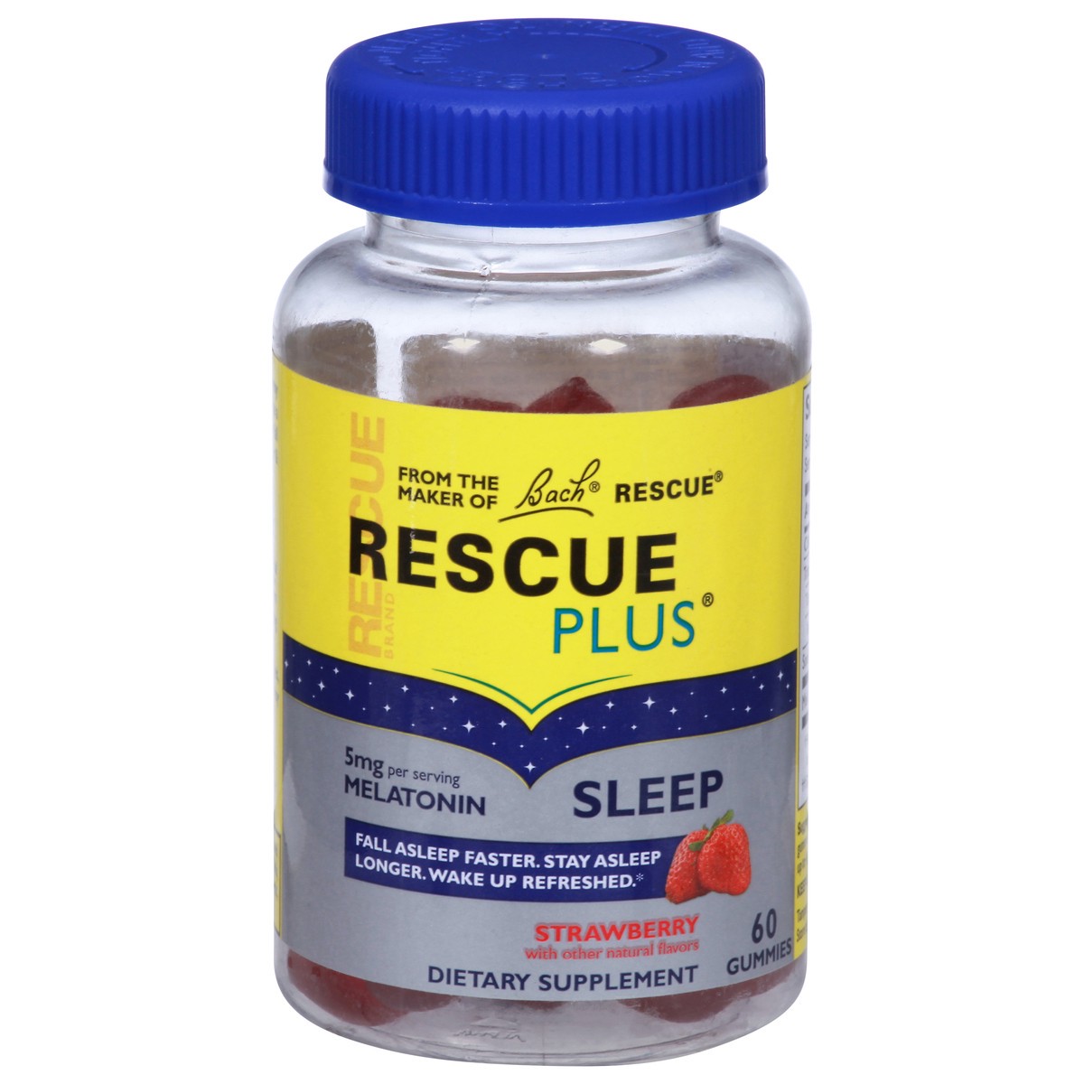 slide 1 of 9, Rescue Plus 5 mg Sleep Strawberry Melatonin 60 Gummies, 60 ct