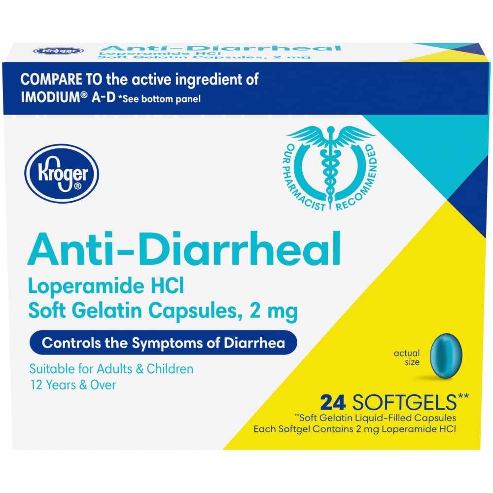 slide 1 of 1, Kroger Antidiarrheal Loperamide Soft Gelatin Capsules, 24 ct