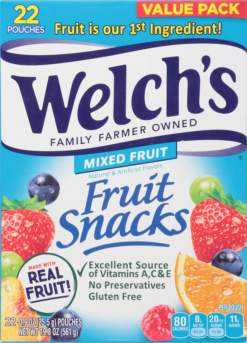 slide 1 of 9, Welch's Fruit Snacks, Mixed Fruit, 0.9 Ounces, 22 Pouches, 19.8 oz