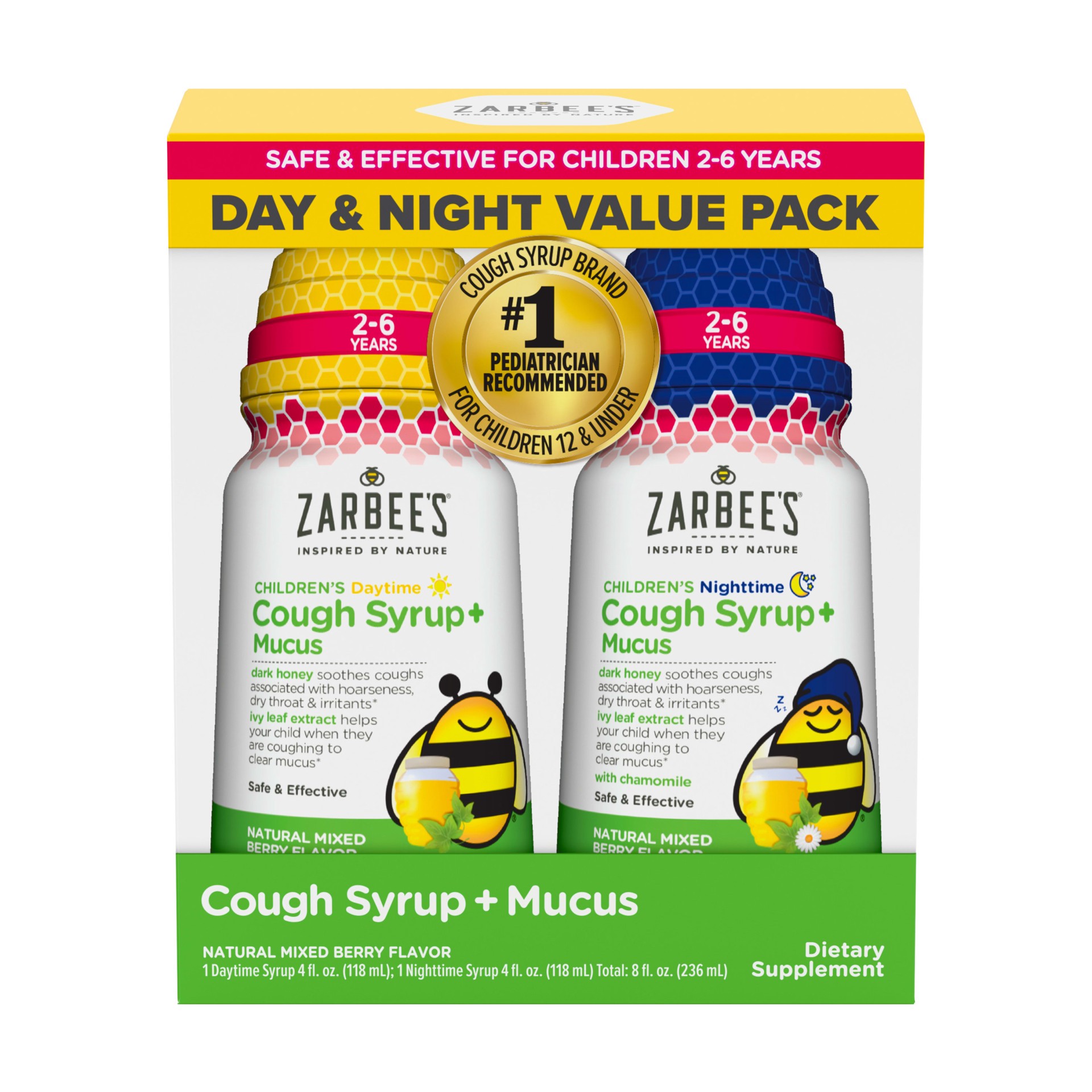 slide 1 of 5, Zarbee's Naturals Children's Cough Syrup + Mucus Day & Night Value Pack, Daytime & Nighttime Toddler Cough Syrup, Mixed Berry, Two Pack, 2 x 4 fl. oz, 8 fl oz