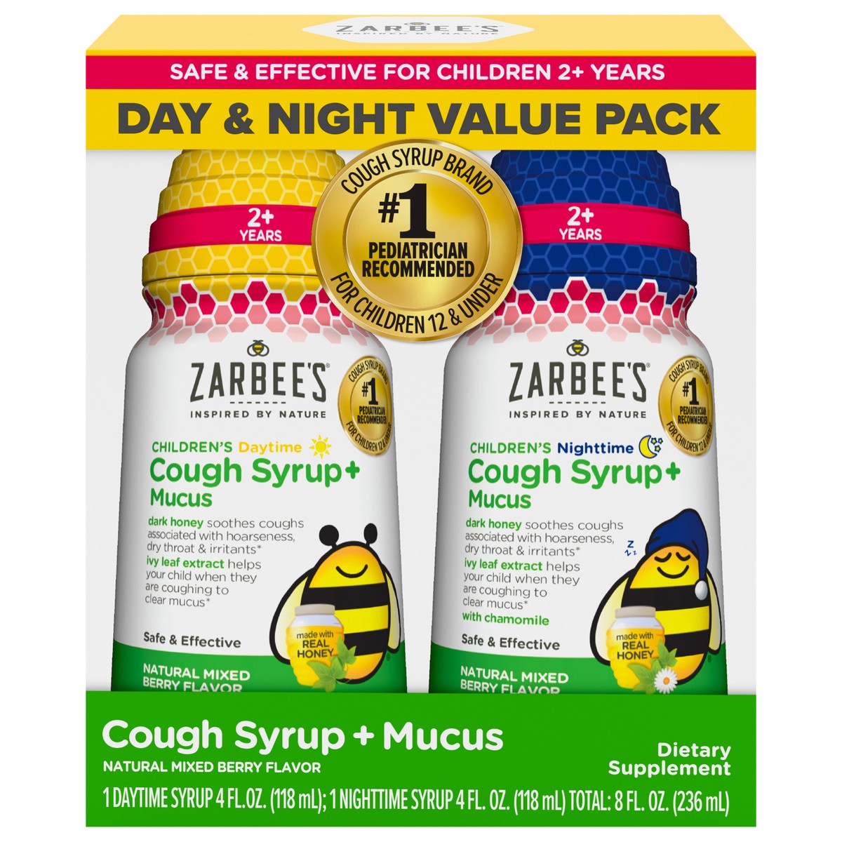 slide 1 of 5, Zarbee's Naturals Children's Cough + Mucus Syrup Day/Night Value Pack with Honey, Ivy Leaf, Zinc, Elderberry, Chamomile, Berry, 2x4 fl oz, 2 ct