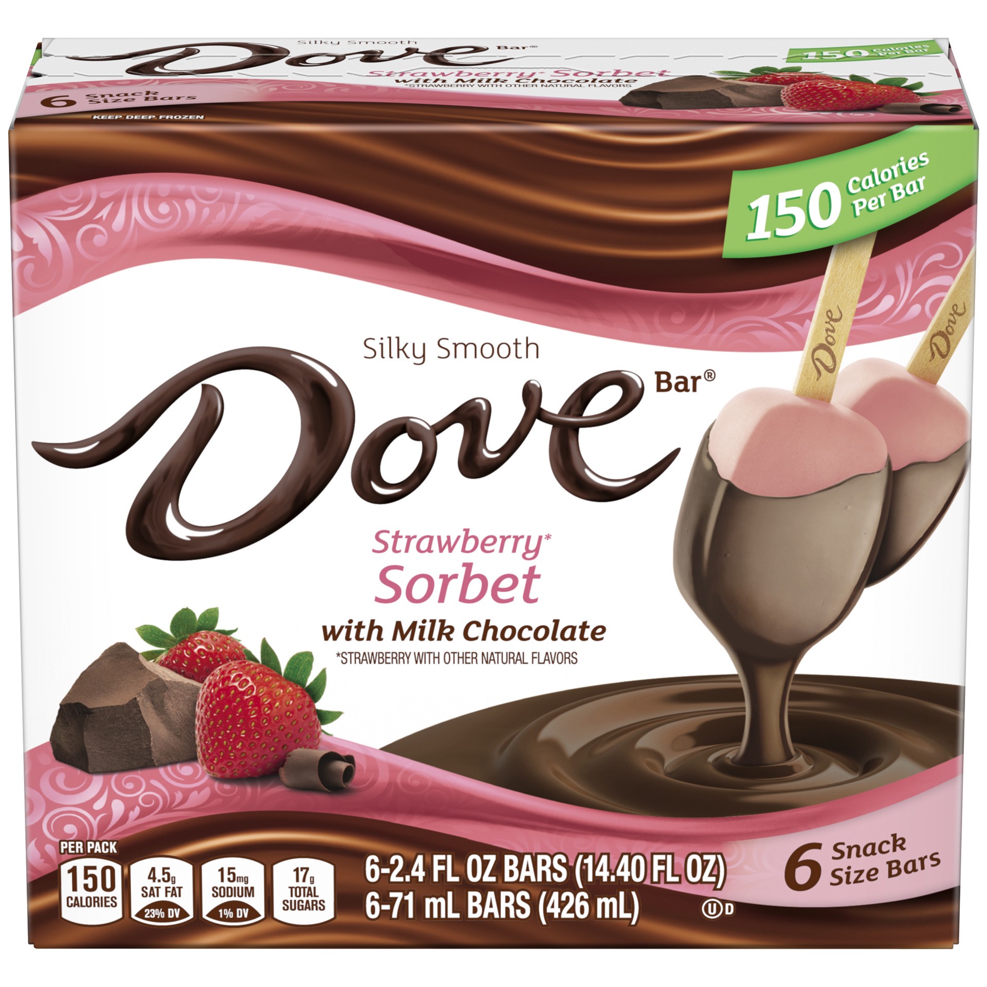 slide 1 of 3, DoveBAR Strawberry Sorbet With Milk Chocolate Snack Size Bars 6-Count Box, 14.40 fl oz