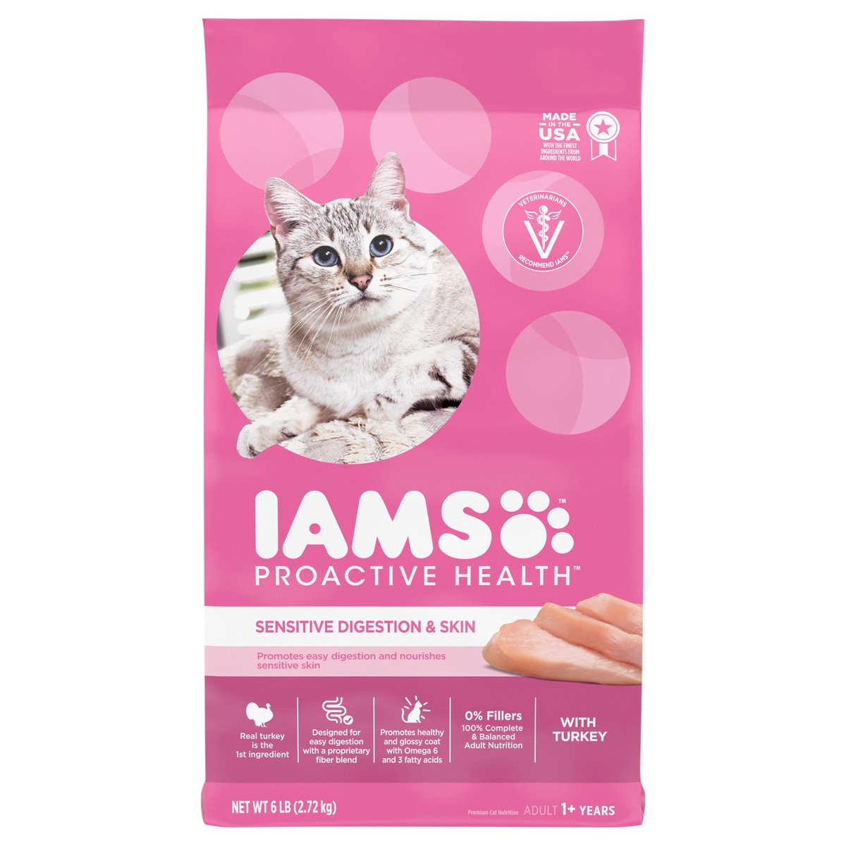 slide 1 of 4, IAMS ProActive Health Adult Sensitive Digestion & Skin, Dry Cat Food with Turkey Cat Kibble, 6 lbs., 6 lb