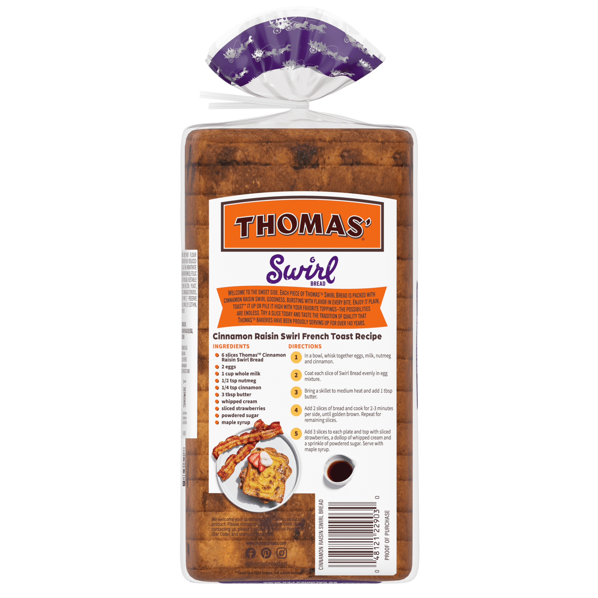 slide 4 of 6, Thomas' Cinnamon Raisin Swirl Bread, 16 oz, count, Soft Cinnamon Bread, Bag, 16 oz