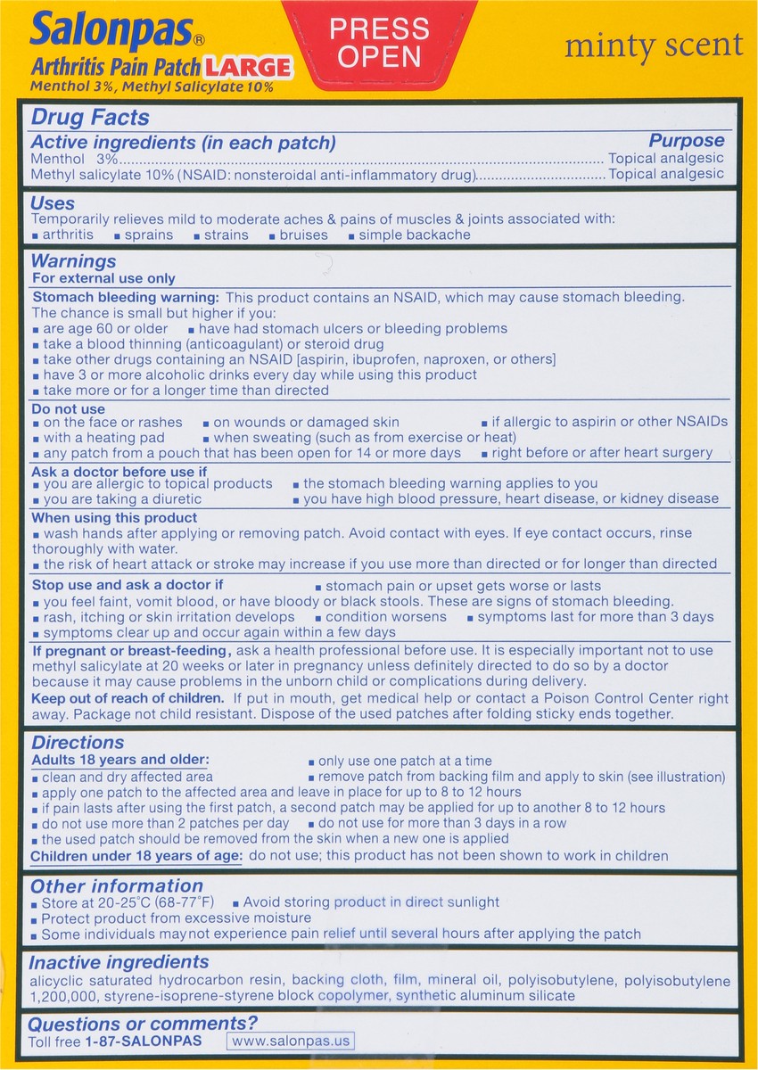 slide 9 of 9, Salonpas Hisamitsu Minty Scent Arthritis Pain Patch Large 9 ea, 9 ct