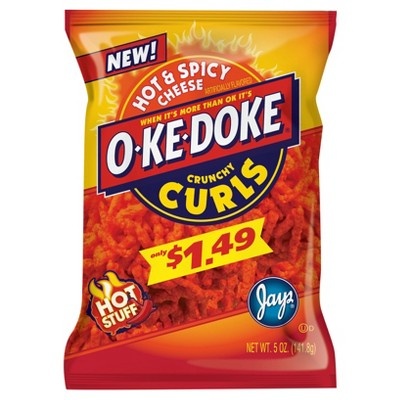 slide 1 of 1, O-Ke-Doke Hot & Spicy Cheese Flavored Crunchy Curls, 5 oz