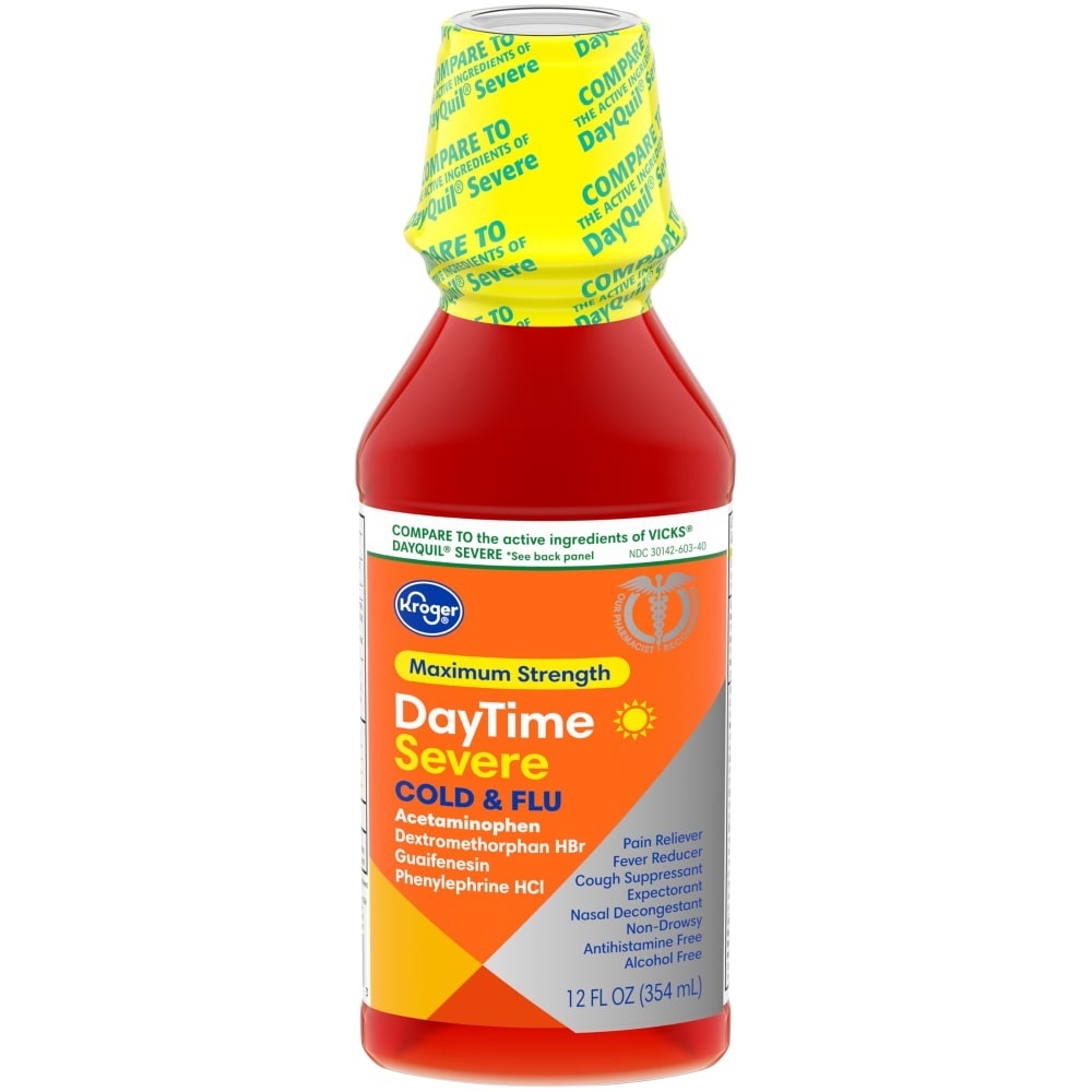 slide 1 of 1, Kroger Severe Daytime Cold Flu Liquid, 12 fl oz