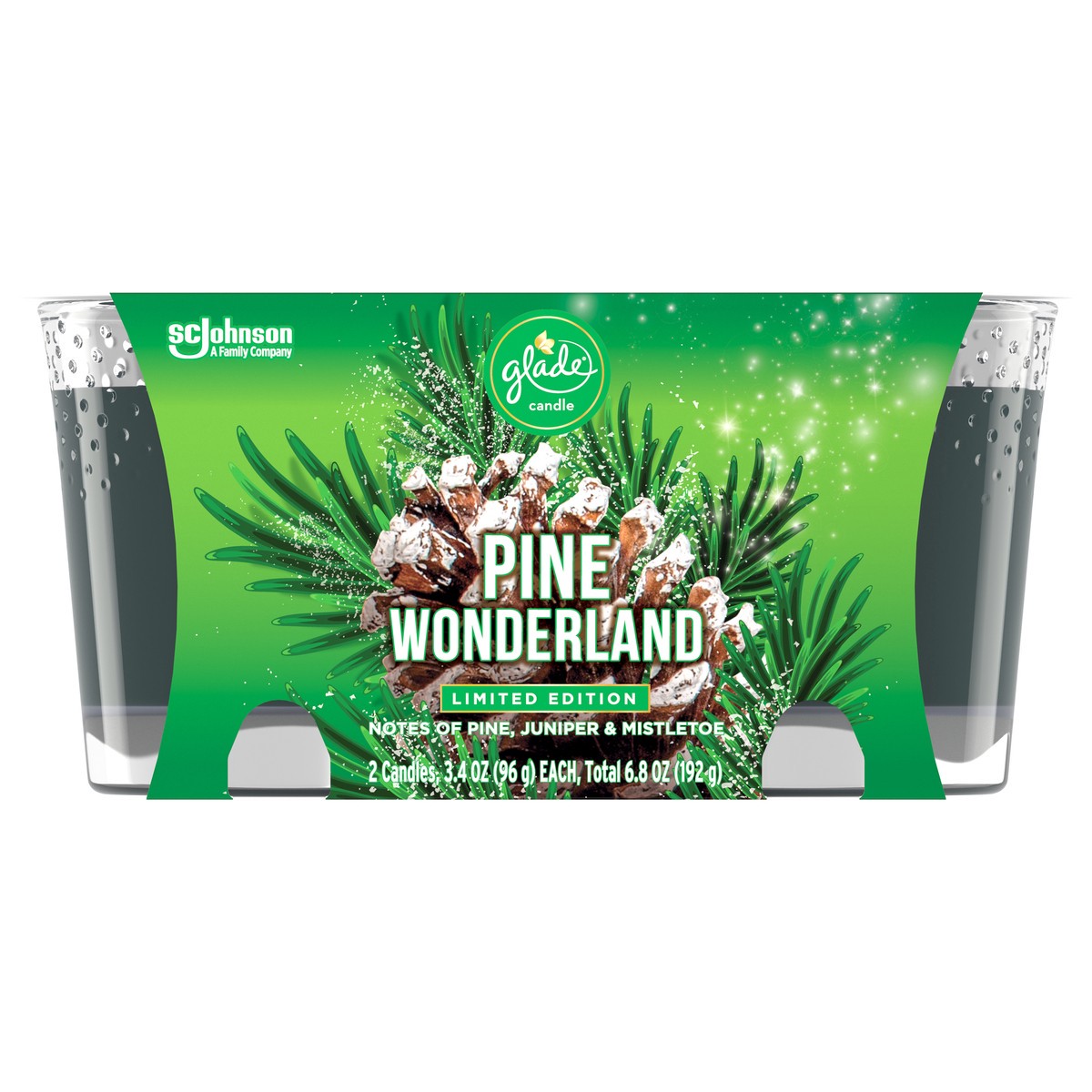 slide 3 of 7, Glade Candle, Pine Wonderland, Twin Scented Candle, 2 x 3.4 oz, 6.8 oz